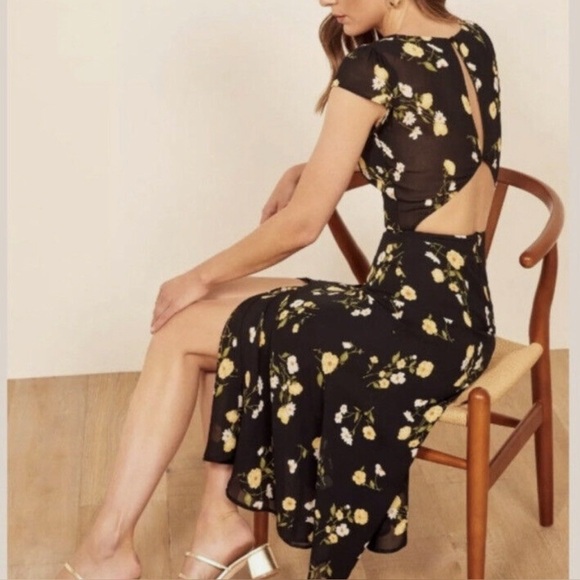 REFORMATION Black Floral Print WELLFLEET V-Neck Cutout Back Midi Dress - Picture 1 of 16
